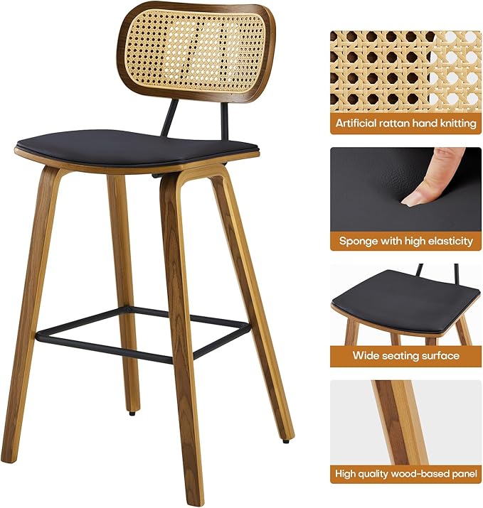 Counter Height Bar Stools Set of 4, Mid Century Modern Counter Stools, 26" Wood Kitchen Stool PU Leather Upholstered Barstool with Rattan Back, Counter Height Island Dining Bar Chair, Black