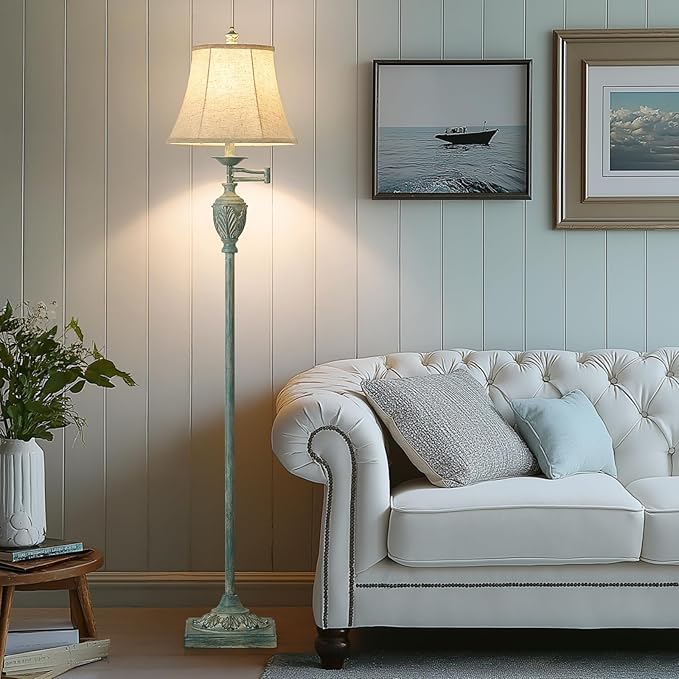 Traditional LED Floor Lamp with 350° Adjustable Swing Arm Lamp – Vintage Standing Pole lamp for Living Room, Bedroom and Office – Rustic Upright Floor Light for Home Décor with Faux Silk Fabric Shade