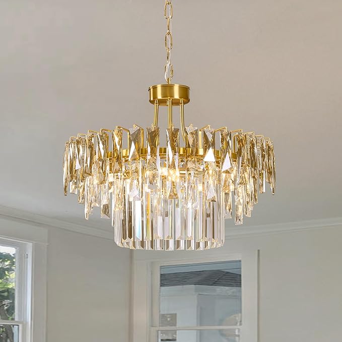 Modern Gold Round Crystal Chandelier - 19.7'' Luxury K9 Crystals Chandeliers for Dining room,3 Tier Raindrop Chandelier for Living room,Contemporary Light Fixture for Bedroom Foyer Entryway Kitchen