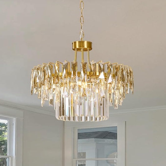 Modern Gold Round Crystal Chandelier - 19.7'' Luxury K9 Crystals Chandeliers for Dining room,3 Tier Raindrop Chandelier for Living room,Contemporary Light Fixture for Bedroom Foyer Entryway Kitchen