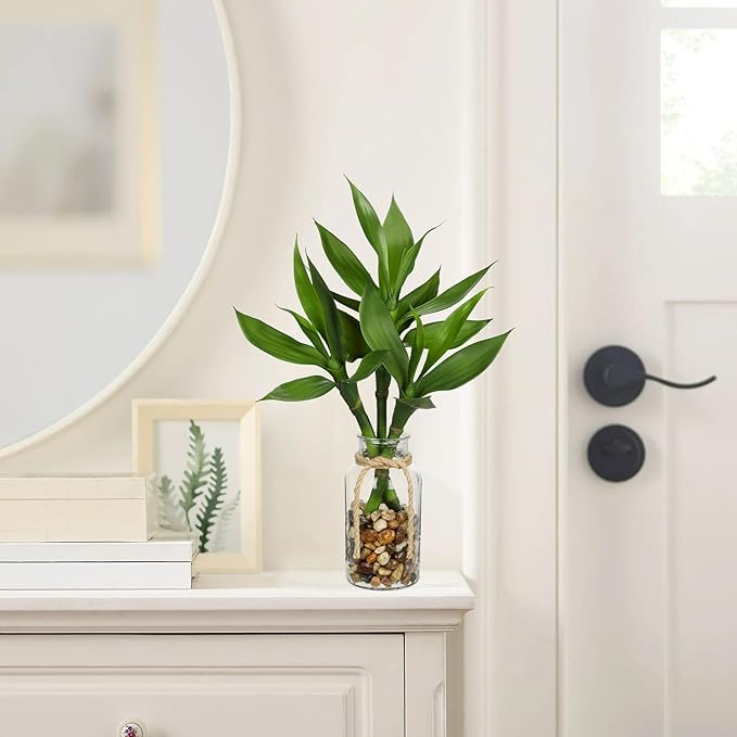 Artificial Lucky Bamboo Plant 17.3 Fake Plant in Glass Vase for Home Indoor Table Centerpieces Desk Office Living Room Bedroom Decoration