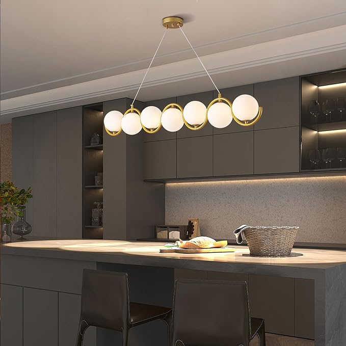 Modern Gold Chandelier 7 Light mid-Century Glass Bubble Chandeliers Globe Pendant Light Linear Dining Room Chandelier for Kitchen Island Living Room,Bedroom Room,Hallway.