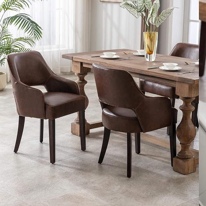 PU Leather Dining Chairs Set of 6 Upholstered Farmhouse Kitchen Chair Side Chairs Wood Accent Chair for Living Room/Dining Room/Bedroom/Restaurant, Upgraded Size, Brown