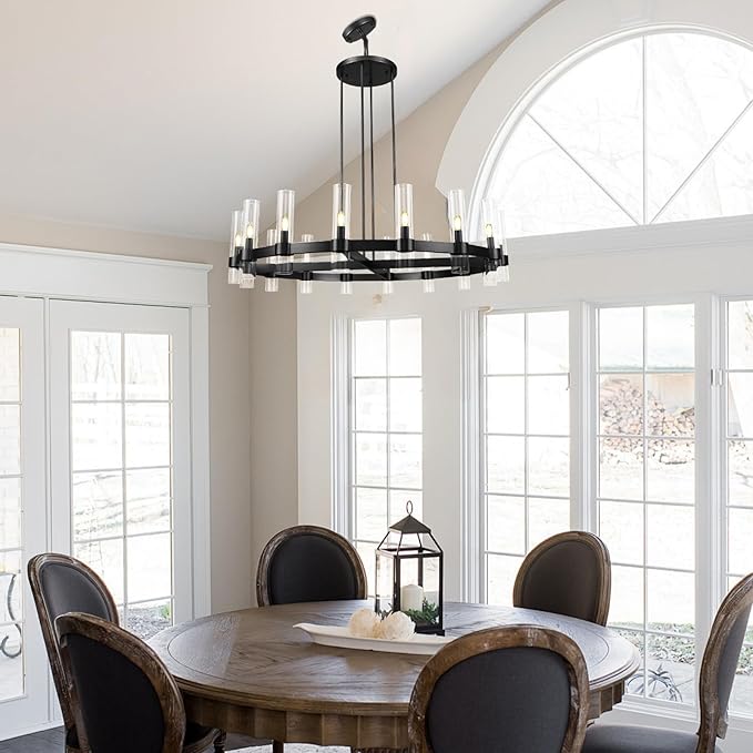 Modern 48" Black Wagon Wheel Chandelier, Black Farmhouse Chandeliers for Dining Room,16-Light Round Living Room Chandelier with Glass Tube for Bedroom,Staircase, Foyer, Entryway, Includes Bulbs