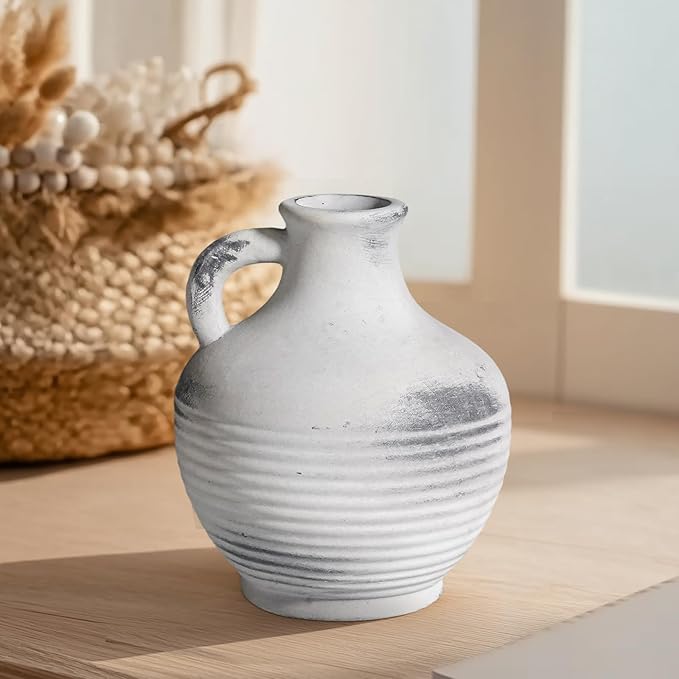 Rustic Farmhouse Vase, Ceramic Terracotta Vase with Handle, 6 inch Pottery Decorative Flower Vases for Home Decor, Table, Living Room, Bathroom, Shelf, Mantel Decor Grey