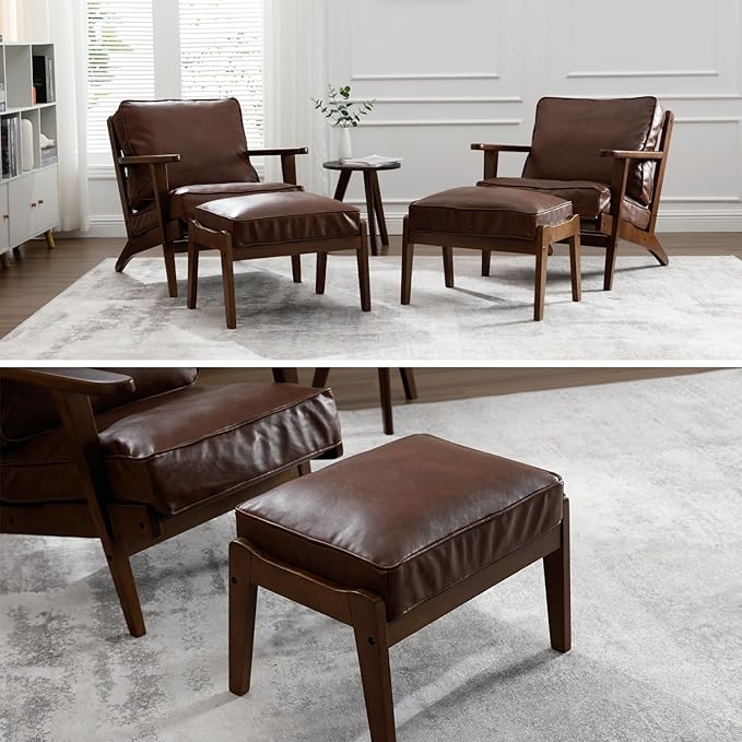 Living Room Accent Chairs Set of 2 Mid Century Modern Reading Arm Chair with Ottoman, PU Leather Bedroom Chair with Soild Wood Frame, Elegant Upholstered Side Chair, Brown-PU