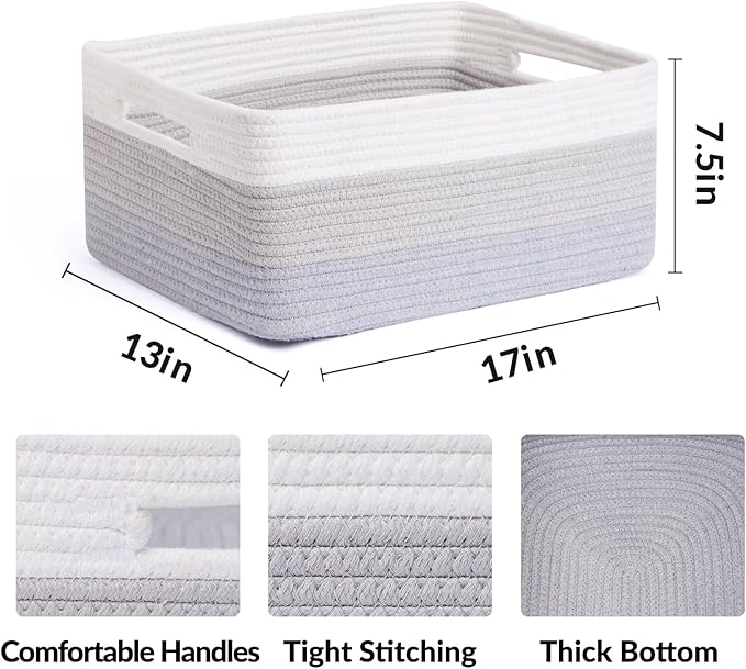 Large Storage Baskets for Organizing, Closet Shelf Baskets for Clothes Blanket Towels, Baby Nursery, Toy Bins Box, Woven Rope Baskets, 17 x 13 x 7.5”, 4 Packs Gradient Grey