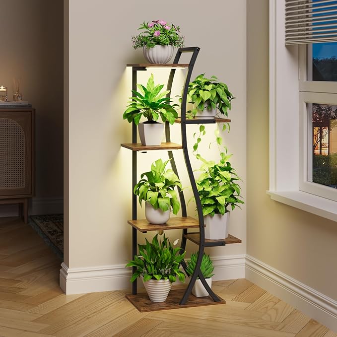 6 Tiered Plant Stand with Grow Light Indoor, 44.5" Corner Plant Shelf for Indoor Plants Multiple, Curved Design Flower Stand Display Holder Rack for Living Room, Patio, Balcony Decor