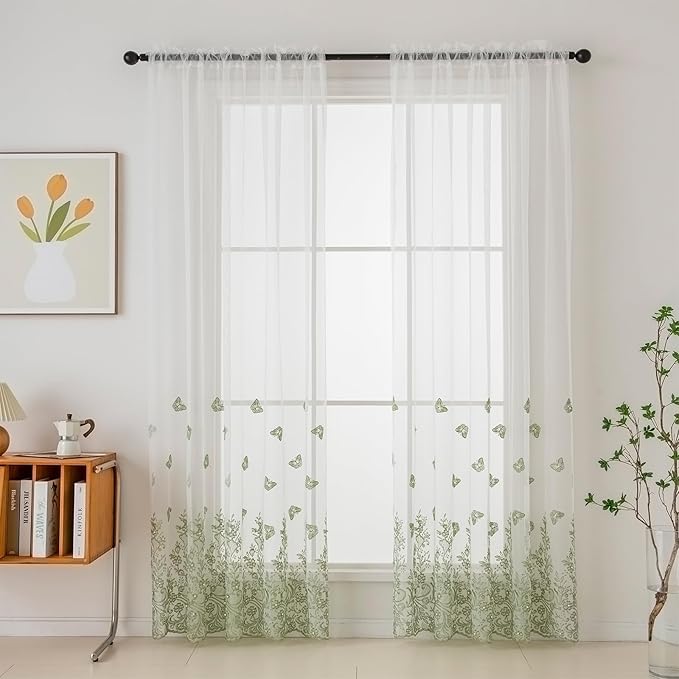 VISIONTEX White Sheer Voile Curtains, Decorative Green Embossed Butterflies Rod Pocket Window Drapes for Home Kitchen, Living Room and Bedroom 54 x 63 Inch, Set of 2 Curtain Panels
