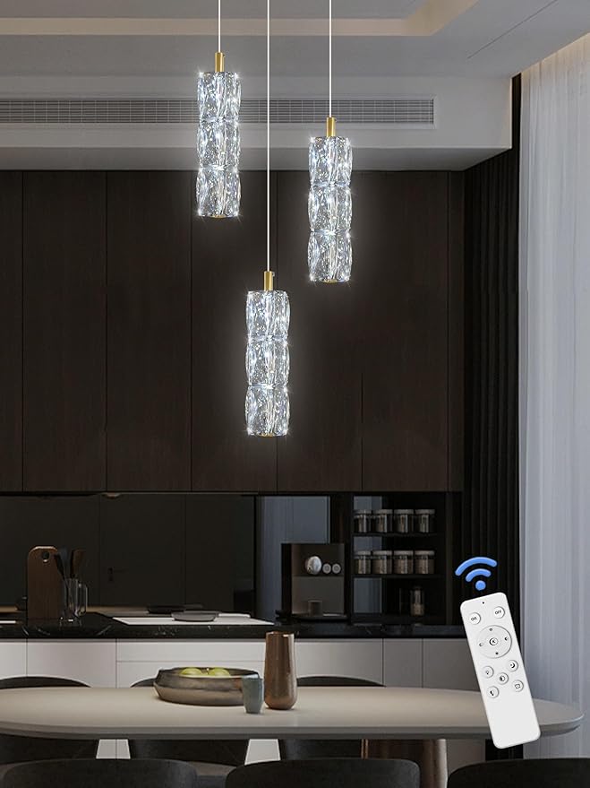 3-Light Gold Chandelier with Dimmable Ceiling Light Crystal Pendant Light for Kitchen Island, Dining Room, Living Room, Entry Hallway