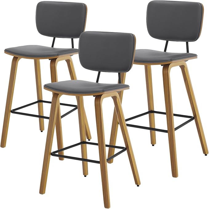 Counter Height Bar Stools Set of 3, PU Leather Upholstered Barstools with Backs, Bent Wood Legs, 26 Inch Seat Height, Mid Century Modern Counter Stools for Kitchen Island, Grey