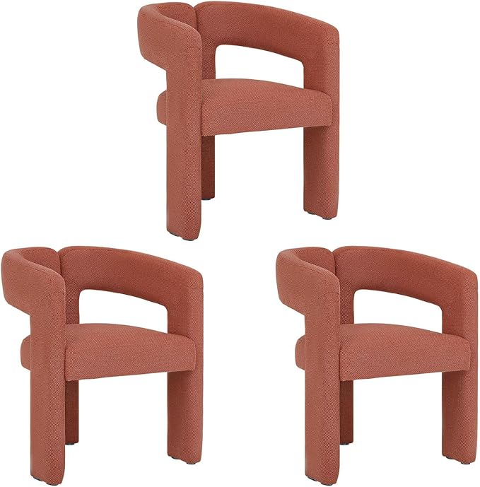 Modern Barrel Dining Chairs Set of 3, Upholstered Linen Dining Room Chair with Wooden Legs, Accent Chairs for Kitchen/Dining Room/Living Room,Orange