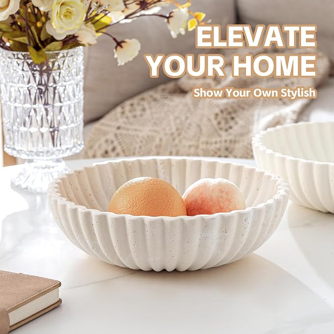 Large Decorative Fruit Bowl for Kitchen Counter, Travertine Stone Look Modern Minimalist Snack Candy Bowl for Table Centerpiece Decor, Home, Office, Hotel, Entryway (White)