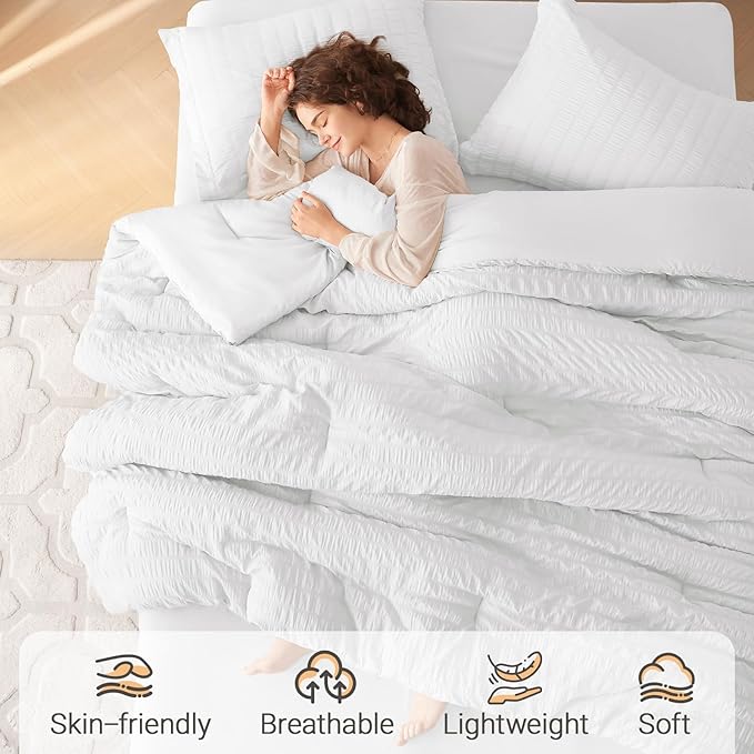MUXHOMO 5 Pieces Twin XL Comforter Set, Seersucker Bed in a Bag Twin XL Size, All Season Luxury Bedding Set with Comforter, Flat Sheet, Fitted Sheet, Pillowcase & Sham, White