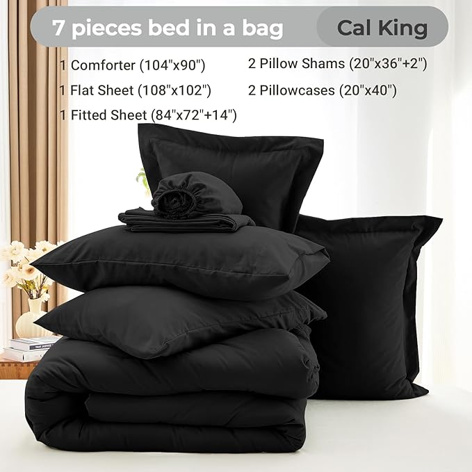 MUXHOMO 7 Pieces California King Comforter Set, Soft Bed in a Bag Cal King Size, All Season Bedding Set with Comforter, Flat Sheet, Fitted Sheet, Pillowcases & Shams, Black