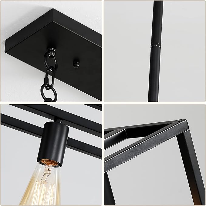 Black Farmhouse Kitchen Island Lighting, Modern Industrial Chandelier, 5-Light Linear Rectangular Pendant Light Fixtures for Farmhouse Kitchen Dining Room Bar Foyer(Metal, Height Adjustable)