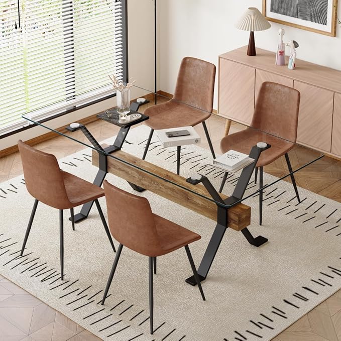 5 Piece Glass Dining Table Set, Kitchen Table Chairs Set for 4, 71'' Dining Table with 0.4" Tempered Glass Tabletop with Plated Metal Legs and MDF Crossbar, 4 Suede Chairs for Dining Room, Kitchen.