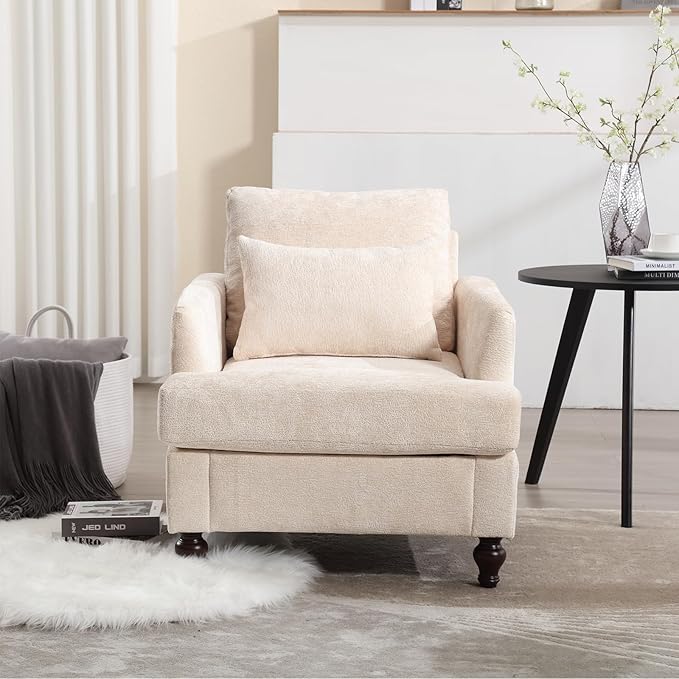 Furnilivng Mid-Century Modern Accent Chair, Comfortable Chenille Lounge Armchair, Upholstered Cozy Single Sofa Chair for Living Room, Bedroom, Reading Room, Home Office, Beige