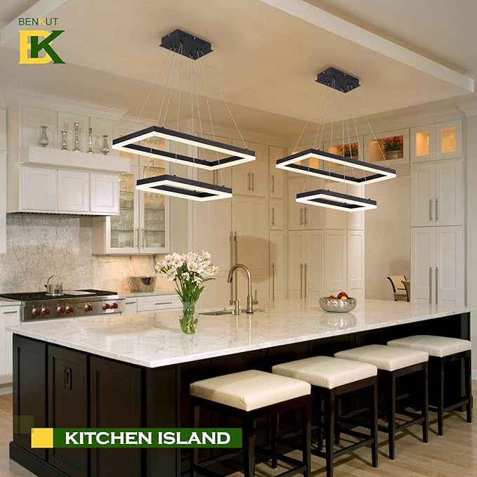 2 Rings Modern LED Chandelier Black 23.6inch Rectangle Dimmable LED Pendant Light with Remote Control 2 Tier Flush Mount High Ceiling Light for Dining Living Room Foyer(3000K-6500K, H59)