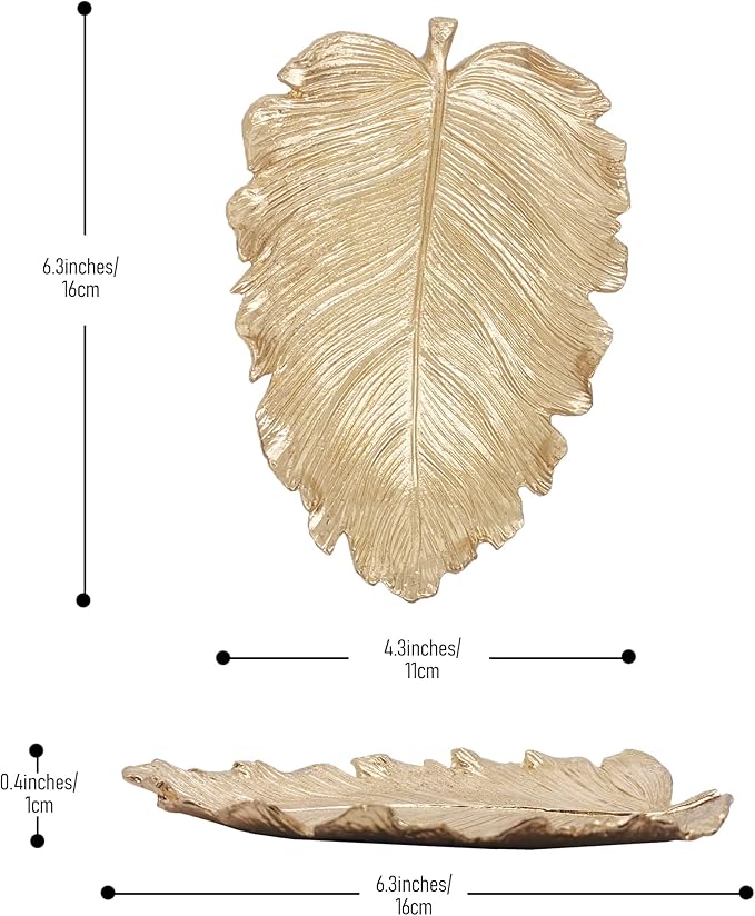 Metal Jewelry Dish, Small Leaf Shaped Ring Holder Jewelry Organizer, Trinket Dish Vanity Tray for Dresser Christmas Birthday Wedding Gifts Large Elm-Gold