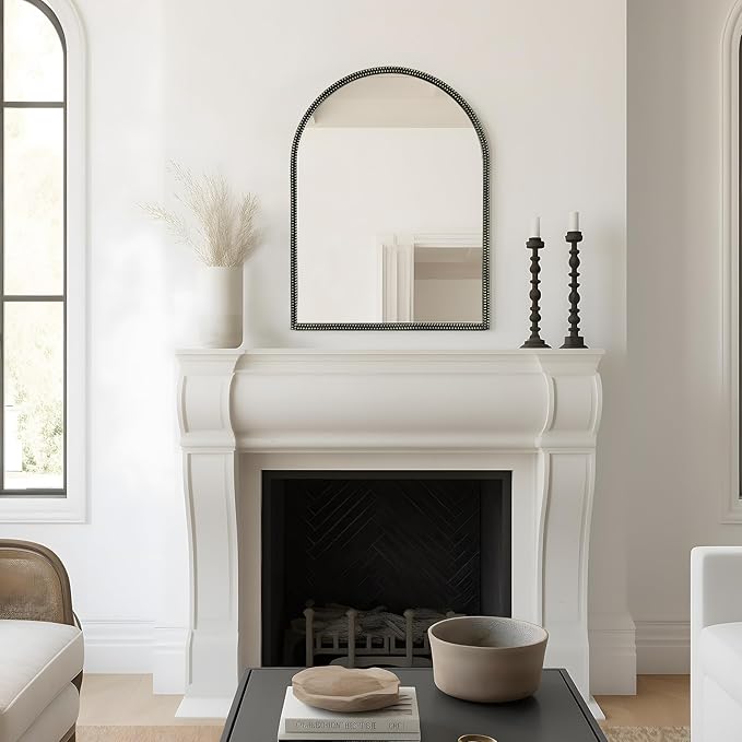 WallBeyond Black Vintage Mirror for Vanity 24x32 Inch, Gold Antique Mirror with Ornate Beaded Frame for Bathroom, Living Room, Fireplace, Entryway