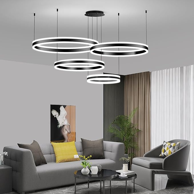 Modern LED Chandelier Light, 4 Ring Black Pendant Lighting Fixture, Adjustable Hanging Ceiling Lamp for Dining Room, Kitchen Island, Entryway, Living Room, Dimmable Dining Lights Over Table