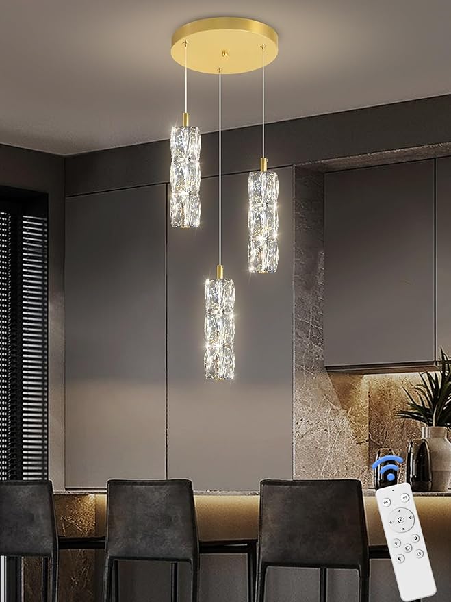 3-Light Gold Chandelier with Dimmable Ceiling Light Crystal Pendant Light for Kitchen Island, Dining Room, Living Room, Entry Hallway