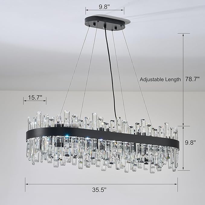Rectangle Crystal Chandeliers, L35.4 inch 16-Light Black Chandelier Lighting Fixture, Height Adjustable Rectangular Oval Light for Dining Room Kitchen Island