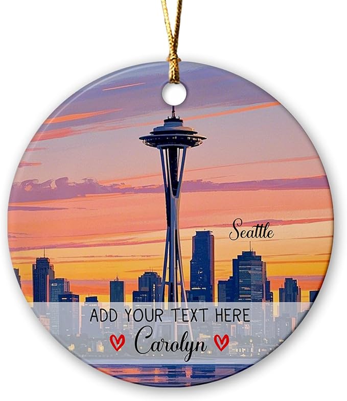 Personalized Seattle Washington City Skyline Ceramic Christmas Ornament, Seattle Space Needle Christmas Tree Ornament 2025, Custom Text/Name Washington State Landscape Xmas Keepsake Ornaments Gift