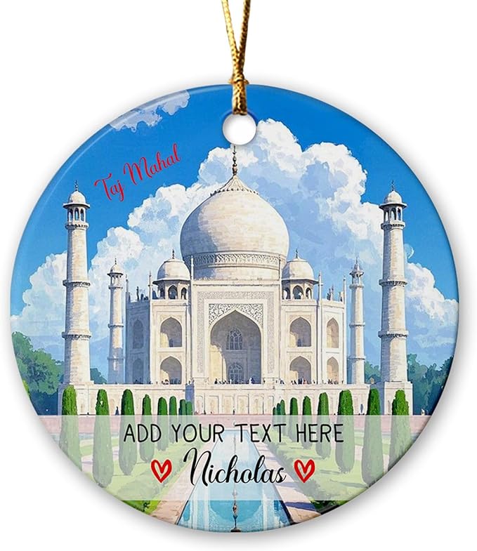 Personalized Text/Name India Taj Mahal Agra Ornament Christmas 2025, India Travel Souvenir Ceramic Ornament Xmas Tree Hanging, Custom Taj Mahal Vacation Trip Xmas Keepsake Ornaments Gift for Friends