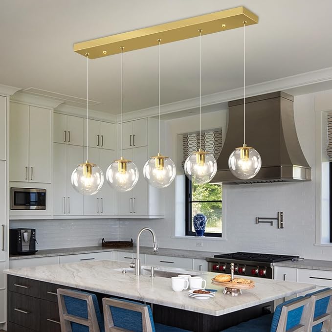 5-Lights Modern Rectangle Chandelier Globe Pendant Light,Gold Linear Globe Chandeliers for Dining Room and Kitchen Island