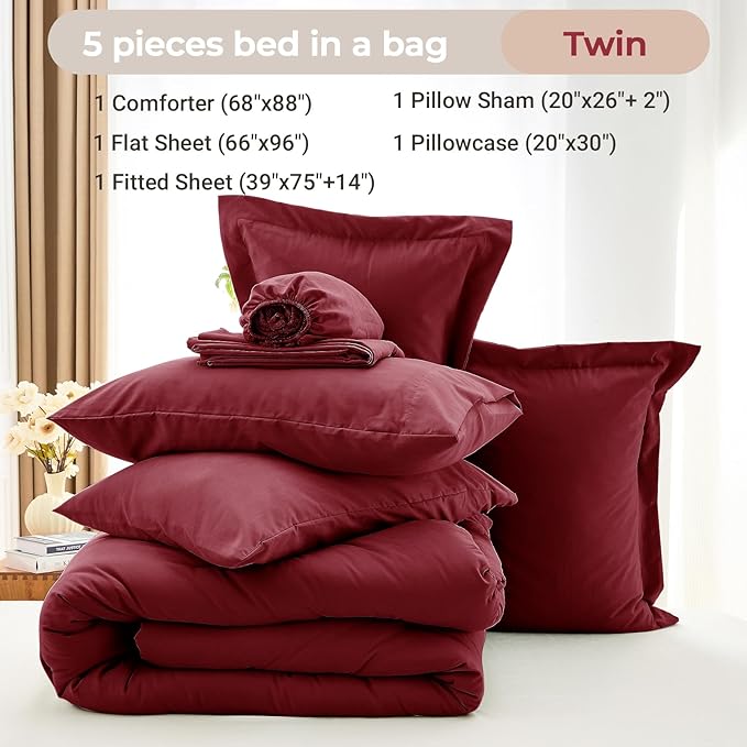 MUXHOMO 5 Pieces Twin Comforter Set, Soft Bed in a Bag Twin Size, All Season Bedding Set with Comforter, Flat Sheet, Fitted Sheet, Pillowcases & Shams, Burgundy Red