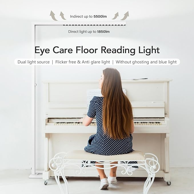 STERREN 77" LED Floor Lamp for Office, 7350LM Dimmable Eye-Care Standing Piano Lamp,70W Tall Reading Light, 4000K Bright Lighting for Living Room - White