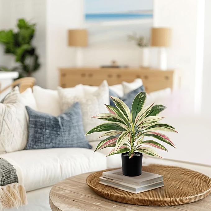 Artificial Plants Indoor with Pot, 18" Fake Potted Plants Medium Artificial Dracaena Plant in Black Pot Faux Tropical Plants for Bathroom Living Room Office Desk Shelf Decor