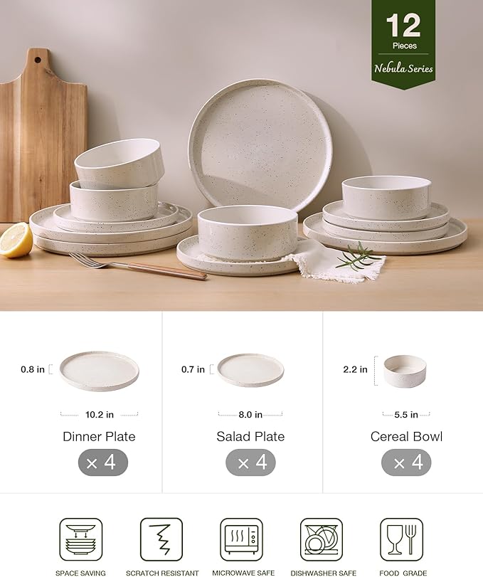 Famiware Nebula Plates and Bowls Sets, 12 Pieces Dinnerware Sets, Dishes Set for 4, Creamy White with Colorful Speckles