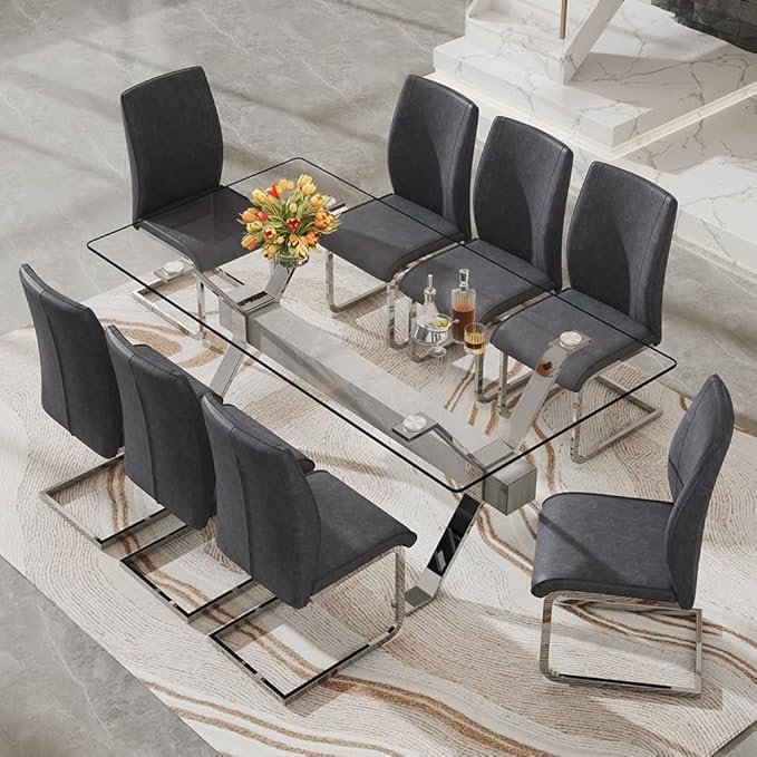 71'' Glass Dining Table Set for 8,9 Piece Dining Table Set with Tempered Glass Tabletop and Open‑Frame X‑Shaped Metal Base,Kitchen Table and Chairs Ideal for Dining Room&Home Office