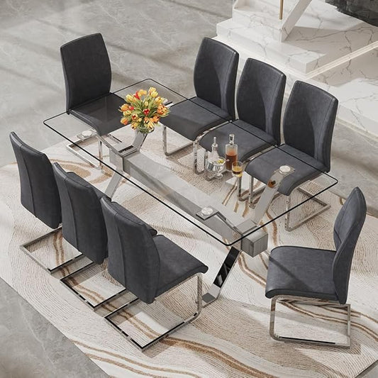 71'' Glass Dining Table Set for 8,9 Piece Dining Table Set with Tempered Glass Tabletop and Open‑Frame X‑Shaped Metal Base,Kitchen Table and Chairs Ideal for Dining Room&Home Office