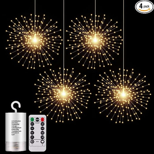 4 Pack 800 LED Starburst Sphere Lights, Battery Operated Firework Light, 8 Modes Dimmable Remote Control Waterproof Hanging Fairy Light, Copper Wire Lights for Patio Parties Christmas (Warm White)