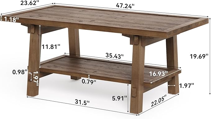 Solid Wood Coffee Table, 47-Inch Farmhouse Rectangle Coffee Table for Living Room, 2-Tier Rustic Wooden Center Furniture with Storage, Vintage Brown