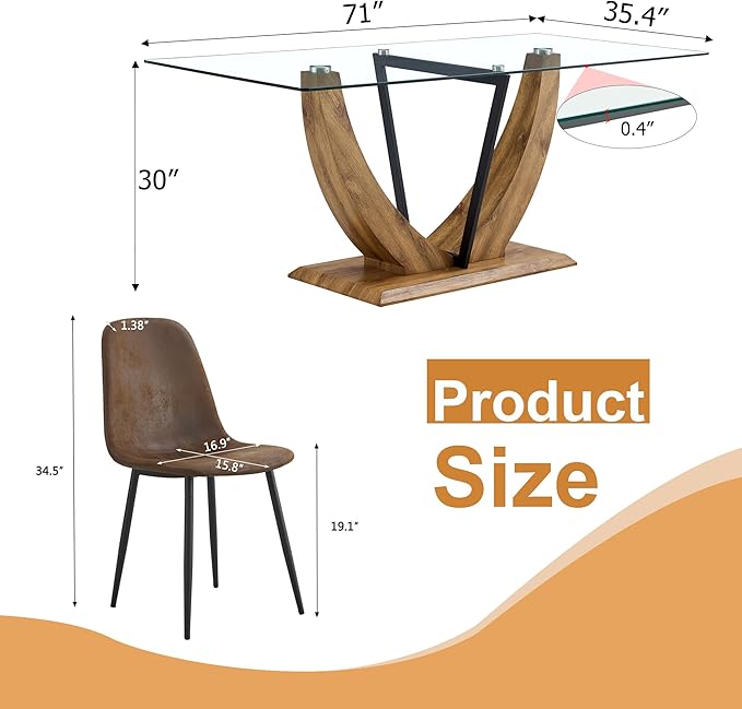 Glass Dining Table Set for 6,Modern Kitchen Table with 6 Chairs, Tempered Glass Table with Suede Leather Dining Chairs,71” Dining Room Table Set for Dining Room and Kitchen