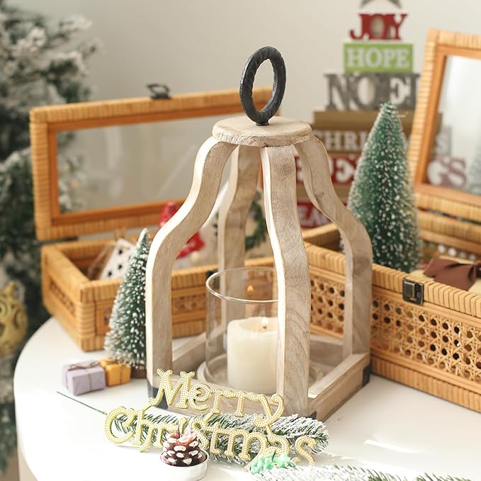 SWALLOWLIVING 13" Rustic Farmhouse Wood Candle Hurricane Lantern with Glass Candlestick Holder for Patio, Table Centerpiece, White Washed