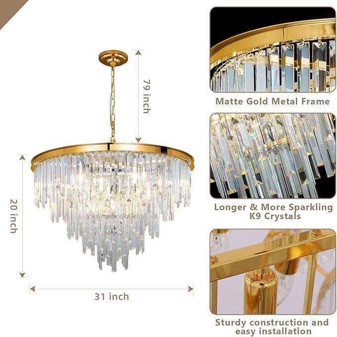 27'' Modern Crystal Chandelier, Gold Round Ceiling Light with Clear Prisms, Luxury Flush Mount Lighting Fixture for Dining Room Bedroom Foyer