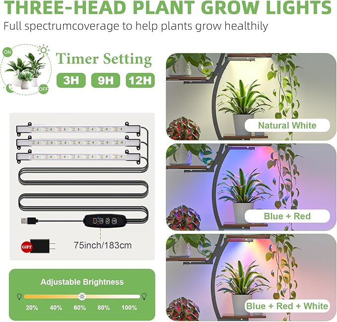 Acnusik Plant Stand Indoor with Grow Lights, 63" Tall Lighted Indoor Plant Shelf for Multiple Plants, 7-Tier Metal Plant Rack Corner Indoor Flower Stand Display for Living Room, Home, Patio, Balcony