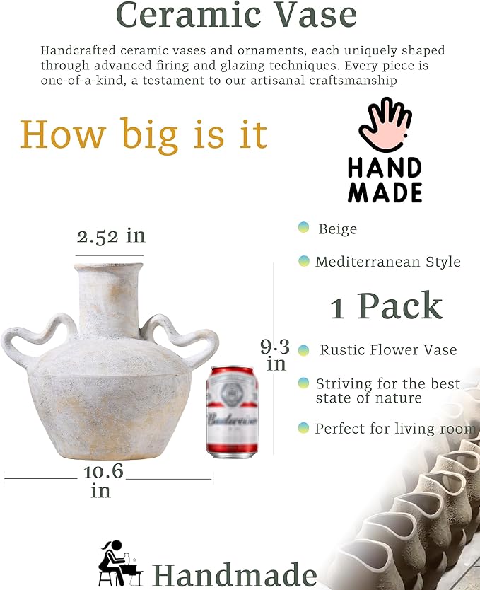 UPWOIGH 9.3x10.6 in Tall Vintage Handles Ceramic Vase, Antique White Pottery Vase Living Room Table Decor, Beige Speckles Distressed Black Markings Rustic Farmhouse Bedroom Decor, 1Pack Gift