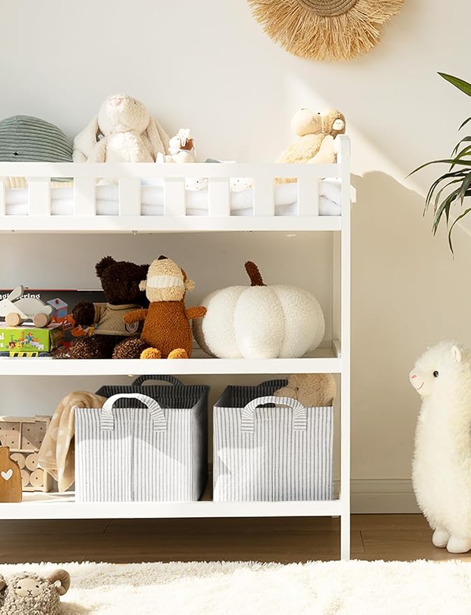 StorageWorks Storage Bins, Fabric Storage Bins for Shelves, Storage Baskets with Metal Frame, Closet Baskets and Bins with Handles, Khaki and Beige Stripes, 2-Pack