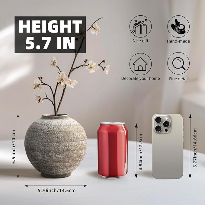 Ceramic Farmhouse Vase Rustic Decor,Pottery Decorative Flower Vases for Home Decor,Boho Vase for Table, Living Room,Bathroom,Shelf,Mantel Decoration,5.5 inch