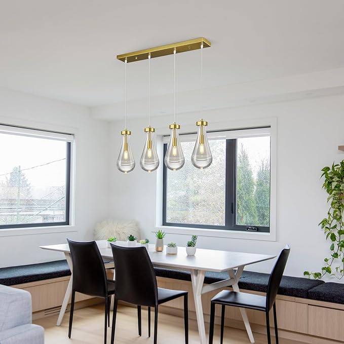 Raindrop Pendant Lights Kitchen Island Teardrop Gold Hanging Light Fixtures Clear Solid Glass Pendant Light Modern Chandeliers for Dining Room Porch Corridor Living Room(Long Plate-4 Lights)