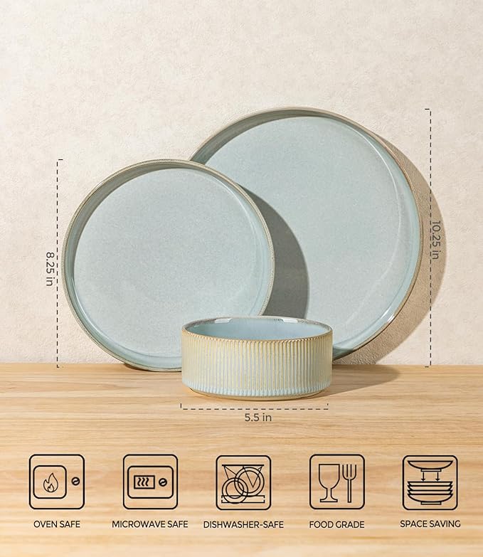 TheTerra Ceramic Dinnerware Sets for 8, 24 Pieces Porcelain Lightweight Speckled Plates and Bowls Sets, Scratch Resistant Dish Set, Oven & Microwave & Dishwasher Safe, Illusion Blue