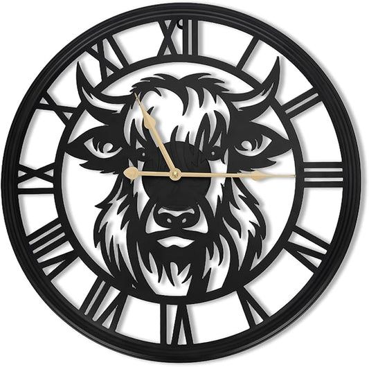 16inch Wall Clocks Battery Operated, Large Slient Black Metal Decorative Wall Clock,Wall Clocks for Living Room Decor,Bedroom, Kitchen, Dining Room (Highland Bull Wall Clock, 16 Inch)