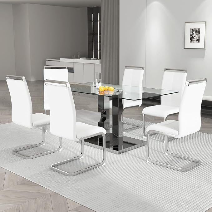 Glass Dining Table Set for 6, 7-Piece Set with Tempered Glass Top and Modern MDF Base with 6 PU Leather Ergonomic Chairs
